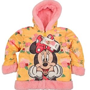 Disney Junior Minnie Mouse Reversible Puffer Jacket Yellow Floral Pink 3T New